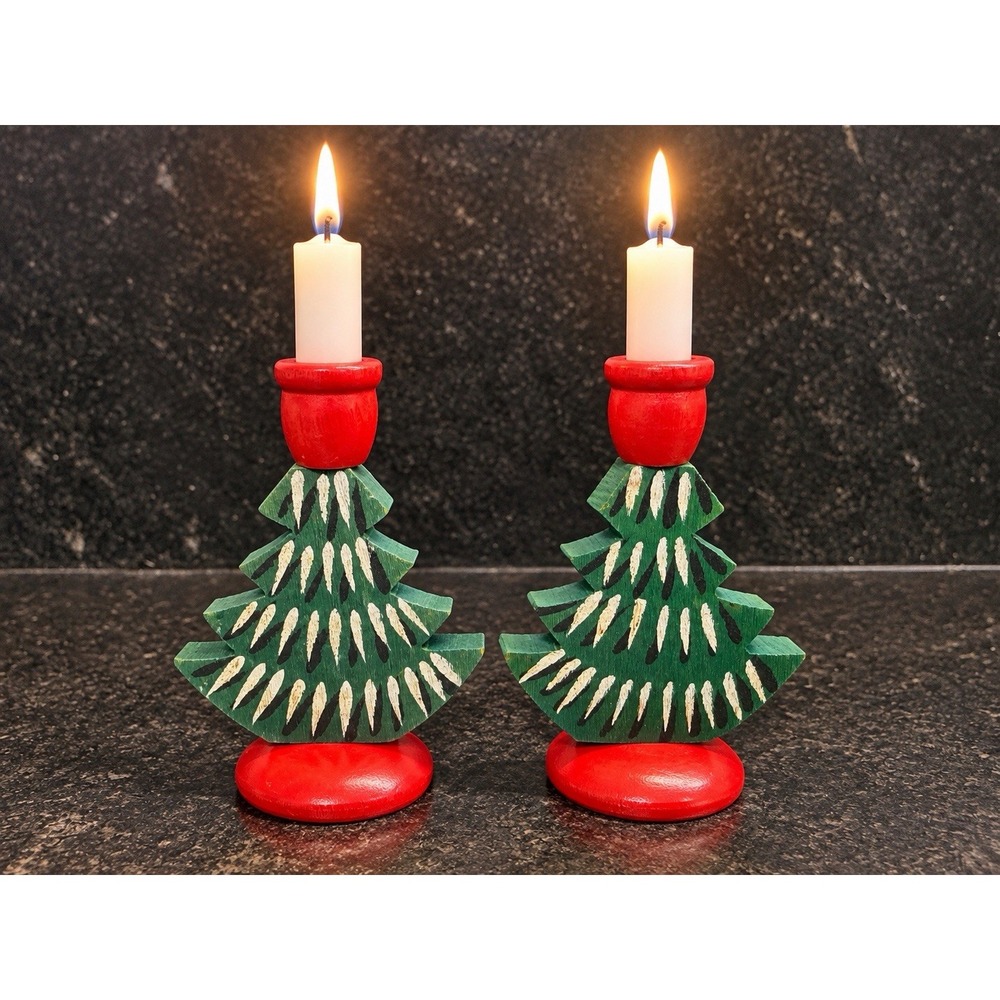 Vintage Swedish Wooden Christmas Tree Candle Holders Pair Made in Sweden 3"